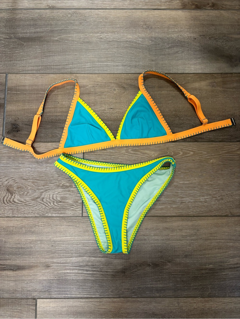 Cupshe Teal Bikini with Orange & Neon Yellow Trim
